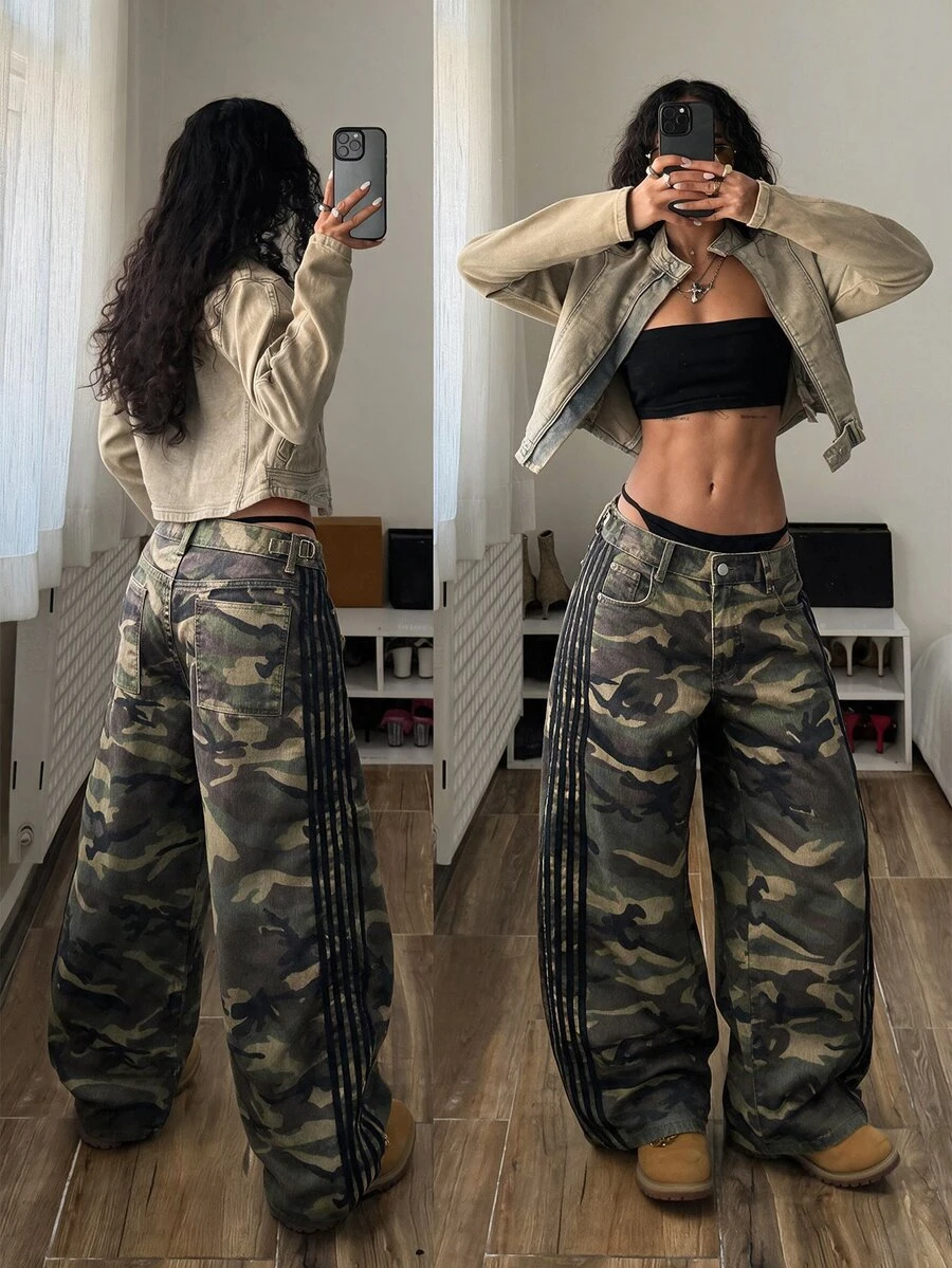 StreetHx Women's Camouflage Pattern Side Stripe Wide Leg Loose Jeans - Army Green - View 1