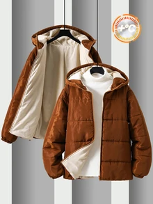 SHEIN Teen Boy Teen Boy Casual, Basic Brown Hooded Winter Coats, Perfect For Staying Warm During The Fall/Winter Back-To-School Season. - Brown - View 3