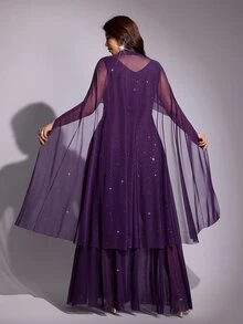Viva Relle Plus Size Premium Rhinestone Sheer Loose Fit A-Line Evening Dress - Purple - View 2