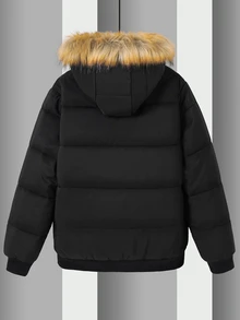 SHEIN 青少年男孩休閒黑色連帽棉質外套，飾有毛邊與小標籤，適合秋冬返校季 - 黑色 - 查看 3