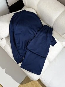 SHEIN 青少年女孩套裝，小高領長袖寬鬆衛衣搭配休閒寬腿運動褲，運動束口褲，校園度假風，海軍藍，秋季 - 藏蓝色 - 查看 3