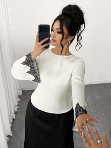 Elenzga Plus Size Elegant Commuter Style Long Sleeve Top Flared Skirt 2 Pieces Set Brunch Office All White Black Fall - Black - View 7