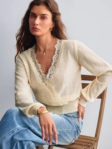Willow Rêve Women's Blue V-Neck Patchwork Embroidered Trim Loose Sweater - Apricot - View 7