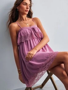 Willow Rêve Women's Lace Patchwork Pleated Casual Summer Spaghetti Strap Dress - Dusty Pink - View 6