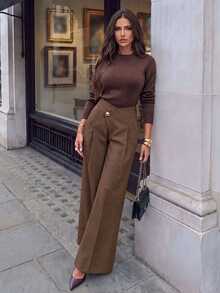 Allurite Women's Solid Color Asymmetric Waist Pleated Wide Leg Elegant Long Pants - Brown - View 3