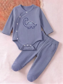 2件組新生兒居家服套裝，嬰兒恐龍刺繡2件套，春秋款羅紋長袖連身衣 + 腳套褲，男嬰分體套裝 - 彩色 - 查看 7