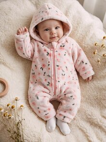 SHEIN 新生兒男嬰/女嬰可愛秋冬休閒白色毛茸茸卡通熊圖案連帽連身衣居家服 - 淺粉色 - 查看 6