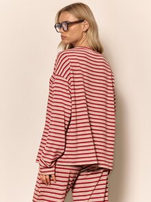 MUSERA Stripe Drop Shoulder Oversized Long Sleeve Button Neck Detail Top Cute Cool Girl Cosy Fall - Red - View 2