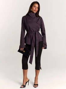 SHEIN BAE Women's Minimalist Button High Neck Long Sleeve Jacket Streetwear - Red Violet - View 4