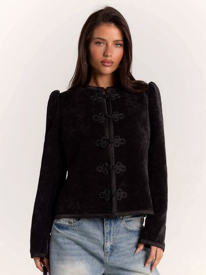 SHEIN BAE Women's Autumn/Winter Black Velvet Frog Button New Chinese Style Blazer, Vintage Outfit, Commute Outfit, Daily Streetwear, Social Gathering Outfit
