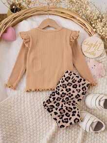 SHEIN 新生兒蝴蝶結荷葉邊上衣與豹紋長褲家居服套裝 - 卡其色 - 查看 2