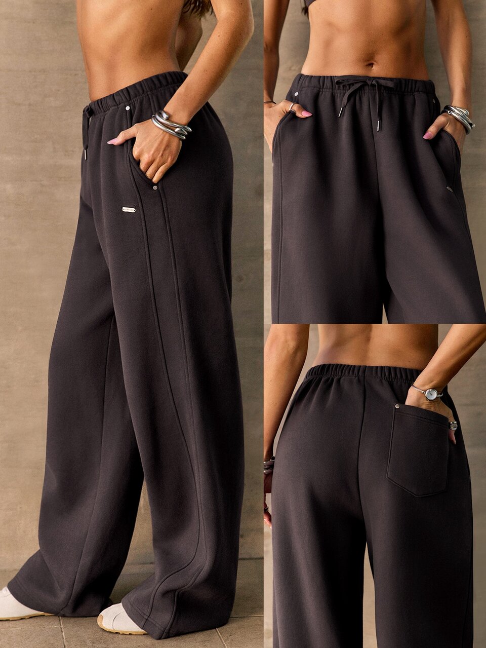 Cozy Street Collection Everyday Fleece Cozy On Up Ultra-Thin Waistband Wide-Leg Joggers With Rivet Details Daily Casual Fall Winter Wear