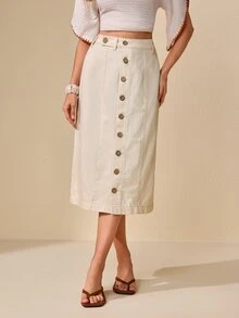 Selenza Women's Fashion Versatile Button Denim Skirt - Beige - View 6