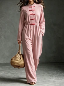 Breezaya Women's Fashion Frog Button Placket Pocket Wide Leg Casual Jumpsuit - Pink - View 5
