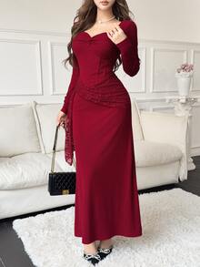Feyla Women's Elegant Front Knot Ruched Fishbone Lace Dress - Red - View 4