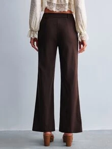 Willow Rêve Women's Solid Color Pocket Casual Daily Flare Long Pants - Brown - View 2