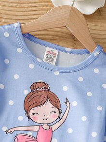 女童可愛芭蕾舞印花長袖牛奶絲面料居家服套裝，圓領卡通鬆緊褲，2件套，秋冬款 - 藍色 - 查看 3