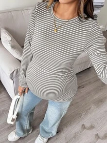SHEIN 女款條紋圖案長袖圓領舒適居家穿著上衣 - 灰色 - 查看 7