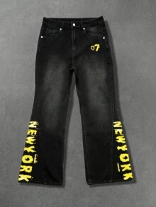 Manfinity EMRG Men's Hip Hop Street Style American Print Frayed Hem Black Washed Denim Stacked Flare Jeans - Black - View 6