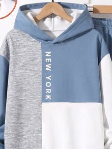 Tween Boy Casual Minimalist Long Sleeve Hooded Comfortable Sweatshirt 2 Pieces Set, Suitable For Autumn/Winter, Classic Handsome Cool Color Block Patchwork, Classic City Name New York Text Graphic Print - Multicolor - View 6
