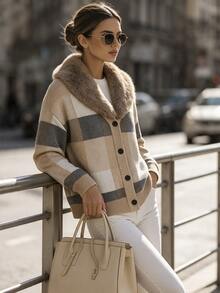 SHEIN Women's Plush Patchwork Plaid Casual Daily Cardigan - Multicolor - View 6