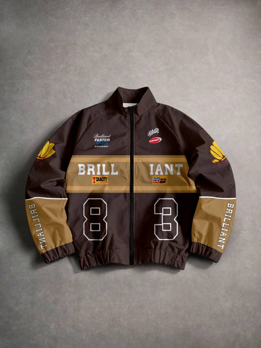 Manfinity EMRG Brown Racing Graphic Boxy-Fit Polyester Zip-Up Jacket With Stand Collar And Elastic Cuffs For Streetwear - Multicolor - View 1