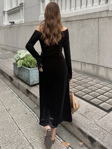 FRIFUL Women's Autumn Solid Color Velvet Fabric Camisole Dress & Cardigan 2 Pieces Set - Black - View 2