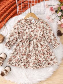 SHEIN Baby Girl Ditsy Floral Round Neck Ruffle Cuff Cute Dress - Pink - View 3