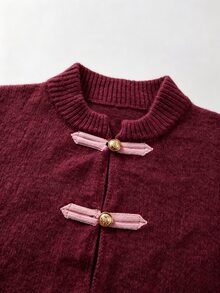 SHEIN جاكيت صوف محبوك نسائي بتصميم صيني حديث للخريف والشتاء، بأزرار على شكل ضفدع، ياقة ماندارين، أكمام طويلة، بقصة قصيرة مفصلة - عنابي اللون - مشاهدة 6
