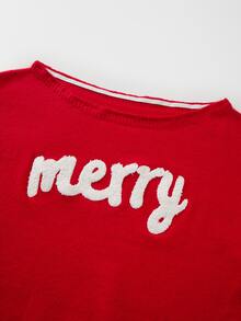 SHEIN Women Fall Winter Off‑Shoulder Knit Sweater Merry Letter Embroidery Lantern Long Sleeve Pullover - Red - View 3