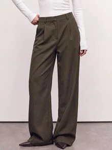Avantive Women's Solid Color Pleated Straight Leg Loose Casual Suit Pants - Rust Brown - View 1