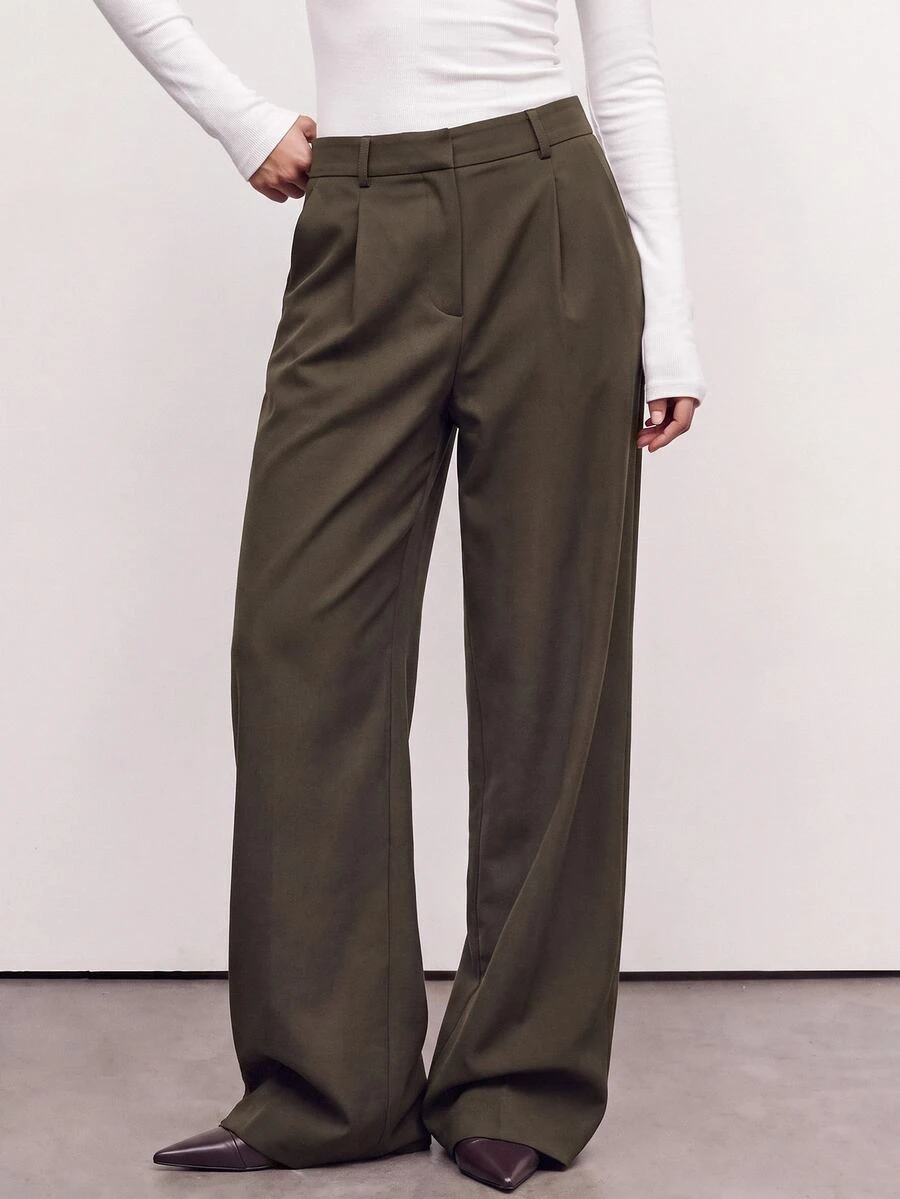Avantive Women's Solid Color Pleated Straight Leg Loose Casual Suit Pants - Rust Brown - View 1