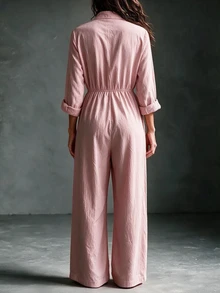 Breezaya Women's Fashion Frog Button Placket Pocket Wide Leg Casual Jumpsuit - Pink - View 2