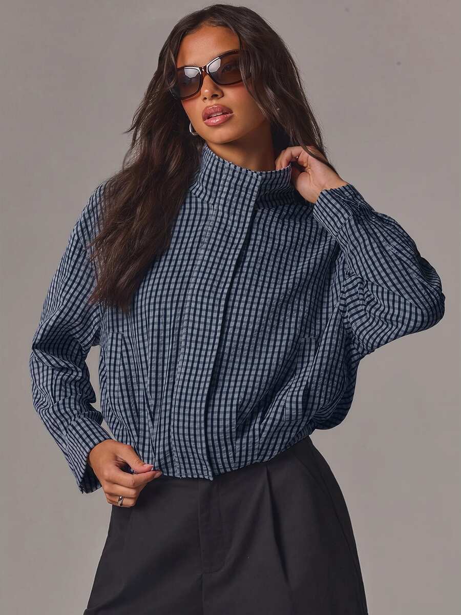Athîral Women's Plaid Casual Versatile Daily Long Sleeve Jacket - Navy Blue - View 1