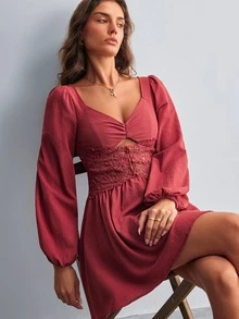 Willow Rêve Women's Red Lace Patchwork V-Neck Puff Long Sleeve Mini Dress - Red - View 7
