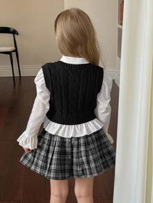SHEIN Young Girl Ribbed Knit Sweater Vest With Cable Texture, Elegant & Cute, High Quality, Warm & Soft - Black - View 3