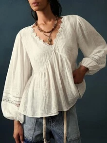Bohemela Casual Solid Color Woven V-Neck Long Sleeve Ruffle Hem Loose Fit Women's Blouse - White - View 2