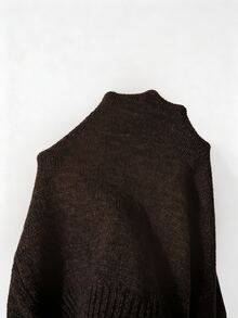 SHEIN 秋季極簡風小高領針織套頭衫 女款落肩七分袖短版寬鬆毛衣 - 咖啡棕 - 查看 6