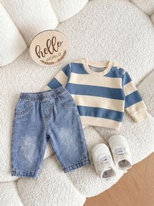 Newborn Baby Minimalist Striped Round Neck Winter Top And Pocket Denim Pants Set - Dusty Blue - View 4