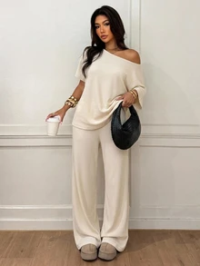 Siren Gaze Women's Casual One-Shoulder Short Sleeve T-Shirt And Straight Leg Pants Two Pieces Set, Pants Set, Autumn Clothing, Suitable For Daily Commute, Gathering, Summer, Christmas, New Year, Thanksgiving, Party, Wedding, Beach, Outing, Date, Valentine's Day, Elegant, Vacation, Y2K - Apricot - View 5