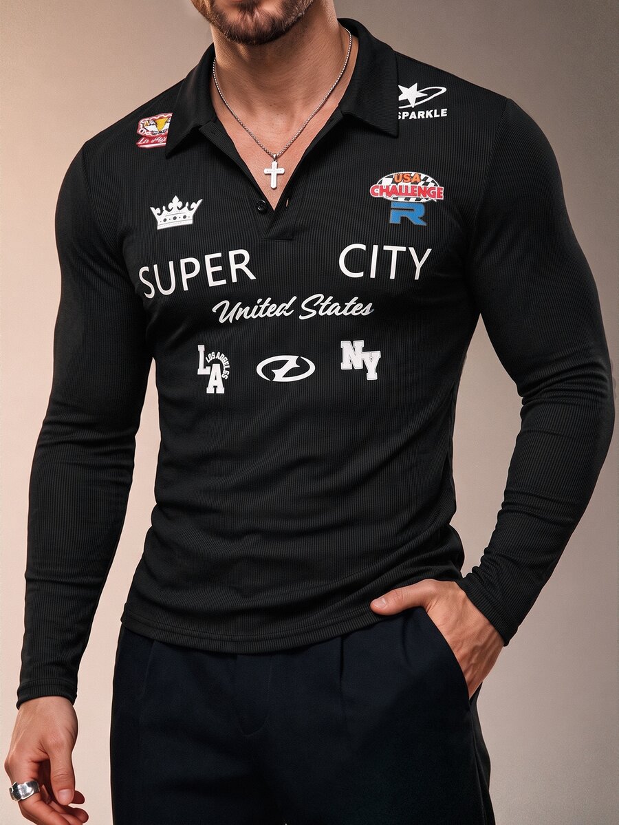 ZURIURI Men's American Motorcycle Style Letter Print Long Sleeve T-Shirt - Multicolor - View 1
