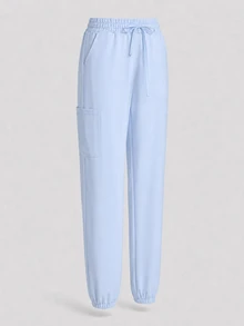 TaskEZ Light Blue Short Sleeve Top With Multiple Pockets And Cuffed Long Pants With Side Pockets, Comfortable And Convenient Minimalist Scrub Uniform 2 Pieces Set - Blue - View 4