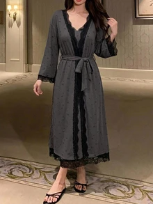 DAZY Lace Patchwork Camisole Long Dress Cardigan Long Robe Women's Pajama Set - Dark Grey - View 4