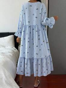 Livesso 女款條紋滿版印花休閒居家睡裙 - 藍色 - 查看 2