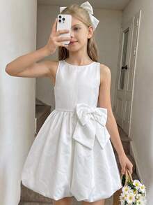 Tween Girl Gentle Bow Decor Dress For Wedding Flower Girl - White - View 7