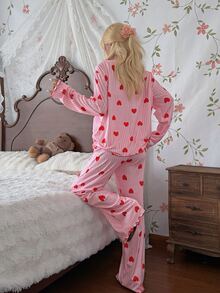 SHEIN 甜美條紋韓系愛心印花女款長袖長褲睡衣居家服 - 粉色 - 查看 2