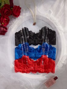 Crystal Vow 3pcs Set Detachable Transparent Strap Romantic Lace Underwire Bra - Multicolor - View 2