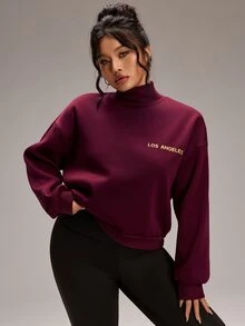 EMERY ROSE Plus Size Women's Letter Print Stand Collar Casual Daily Long Sleeve Sweatshirt - Red - View 1