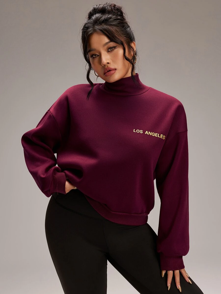 EMERY ROSE Plus Size Women's Letter Print Stand Collar Casual Daily Long Sleeve Sweatshirt - Red - View 1