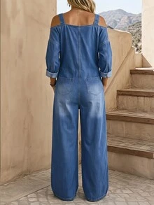 EMERY ROSE Jumpsuit Denim Boho Longgar dengan Tali Bahu yang Dapat Diatur, Cocok untuk Perjalanan Sehari-hari, Jalan-jalan, Pesta, dan Acara Lainnya - Biru - View 2